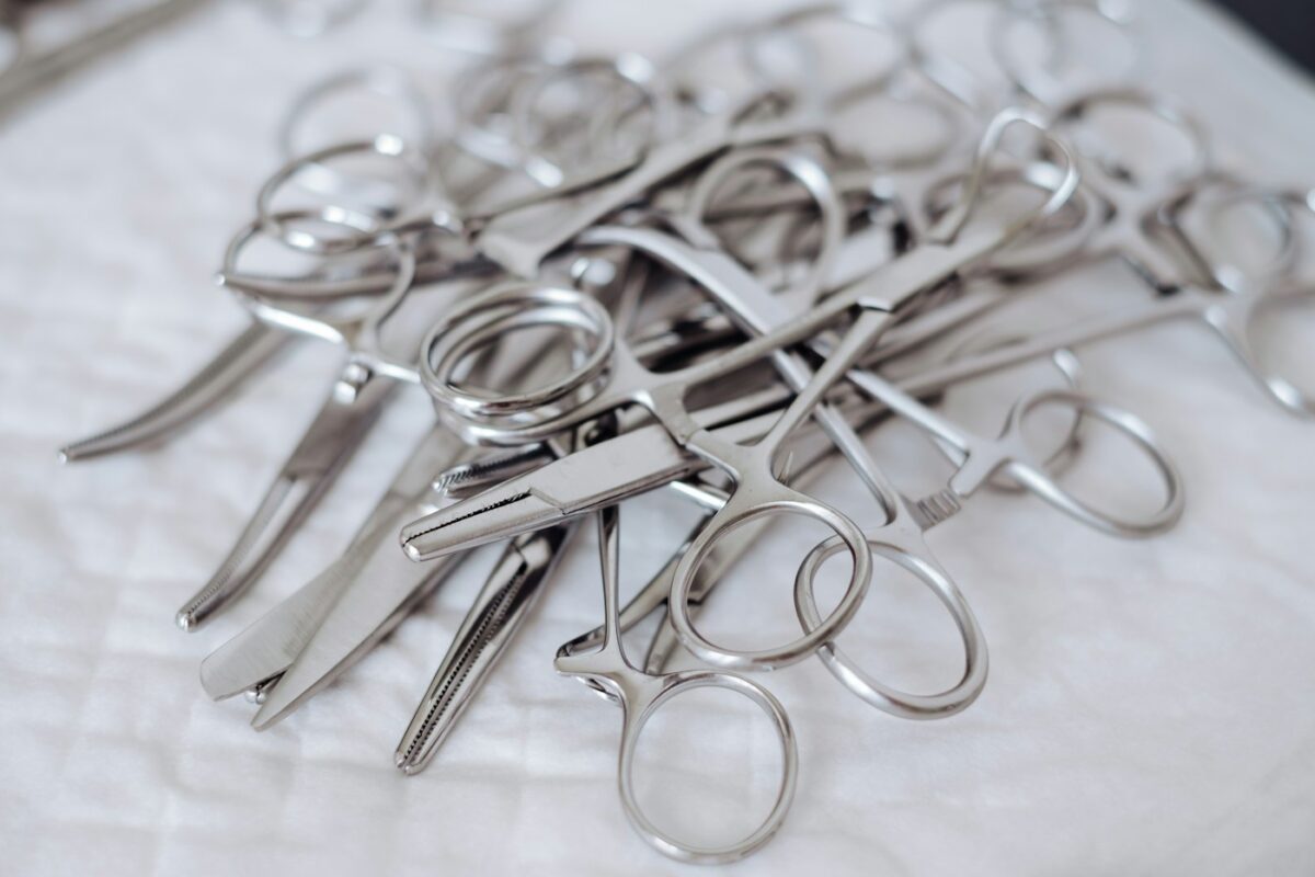 Surgical scissors and stainless steel instrument details for a guide to orthopedic instruments